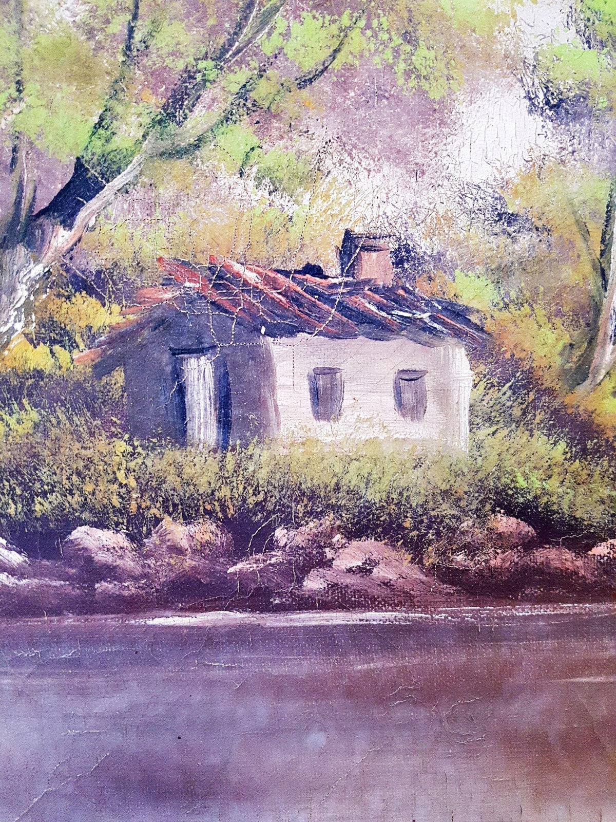 Пейзаж с езеро и лодка- масло от неизвестен автор (1216)