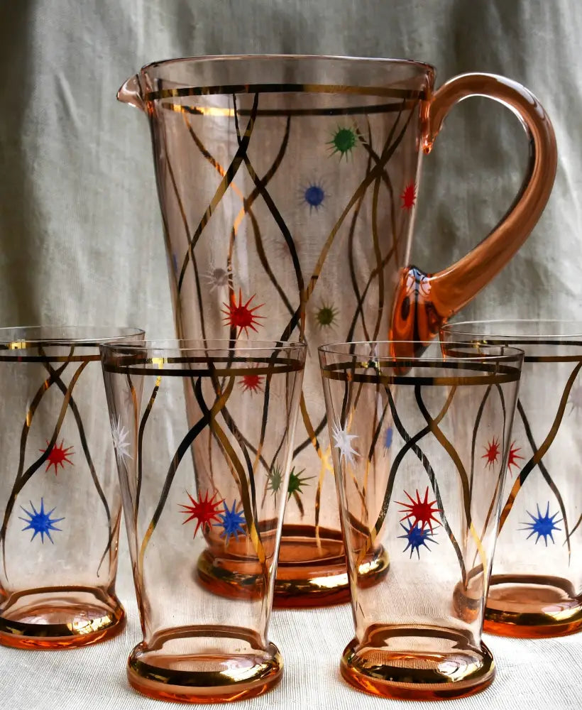 Винтидж сет за домашна лимонада. Розалиново стъкло. - antique