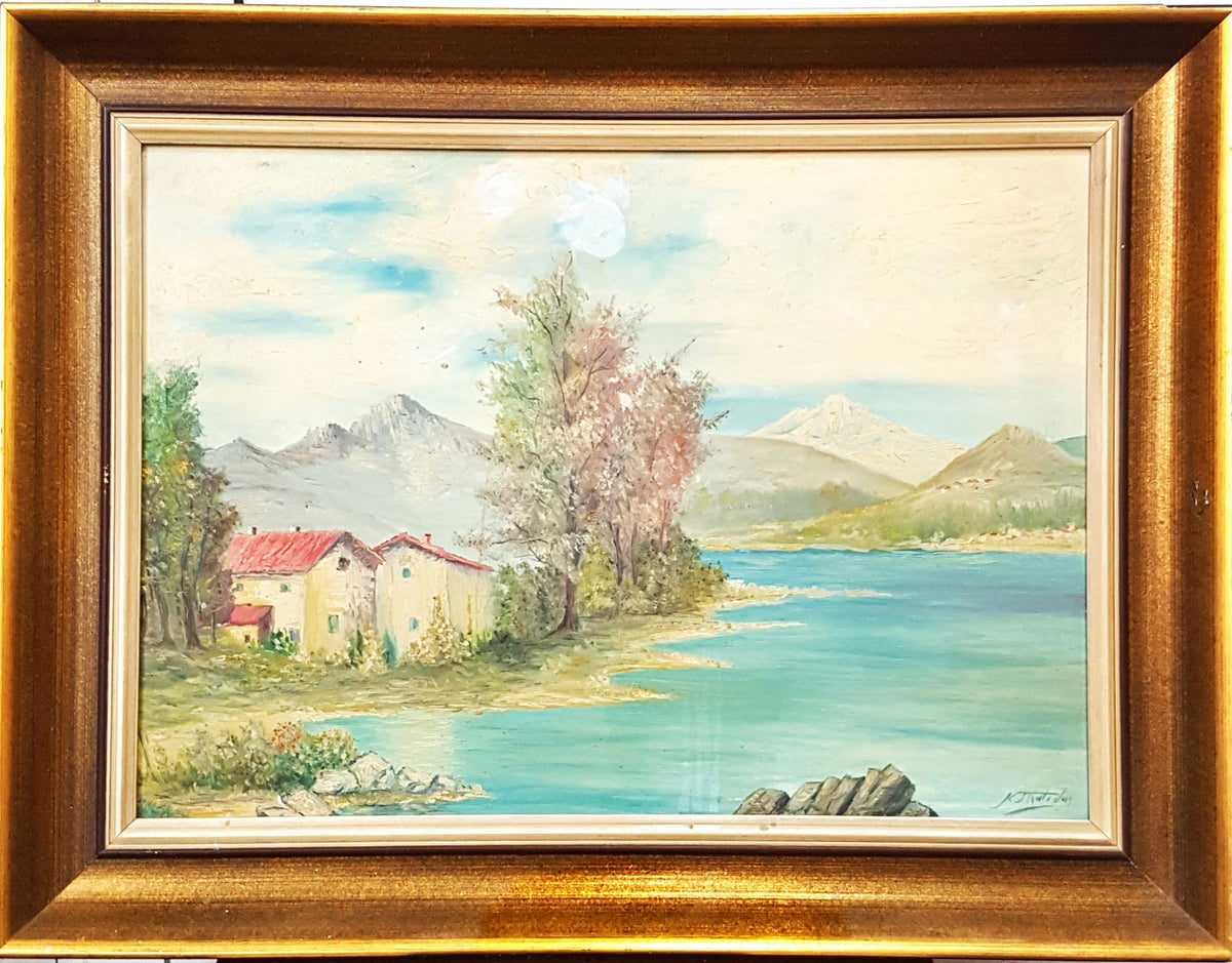 Селски пейзаж с езеро и планини — масло от неизвестен автор (1203)