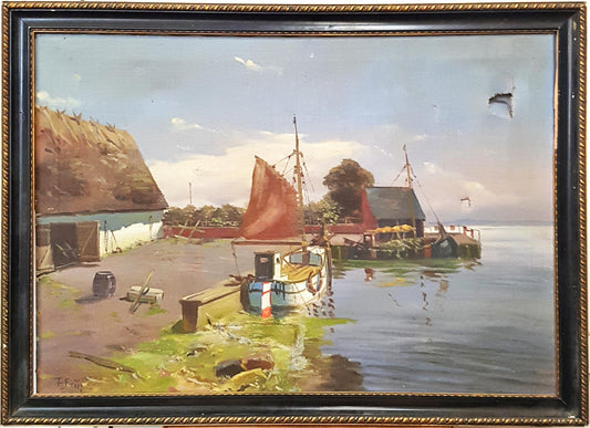 Пейзаж пристан с лодки- масло от Th. Ftiig (1211)