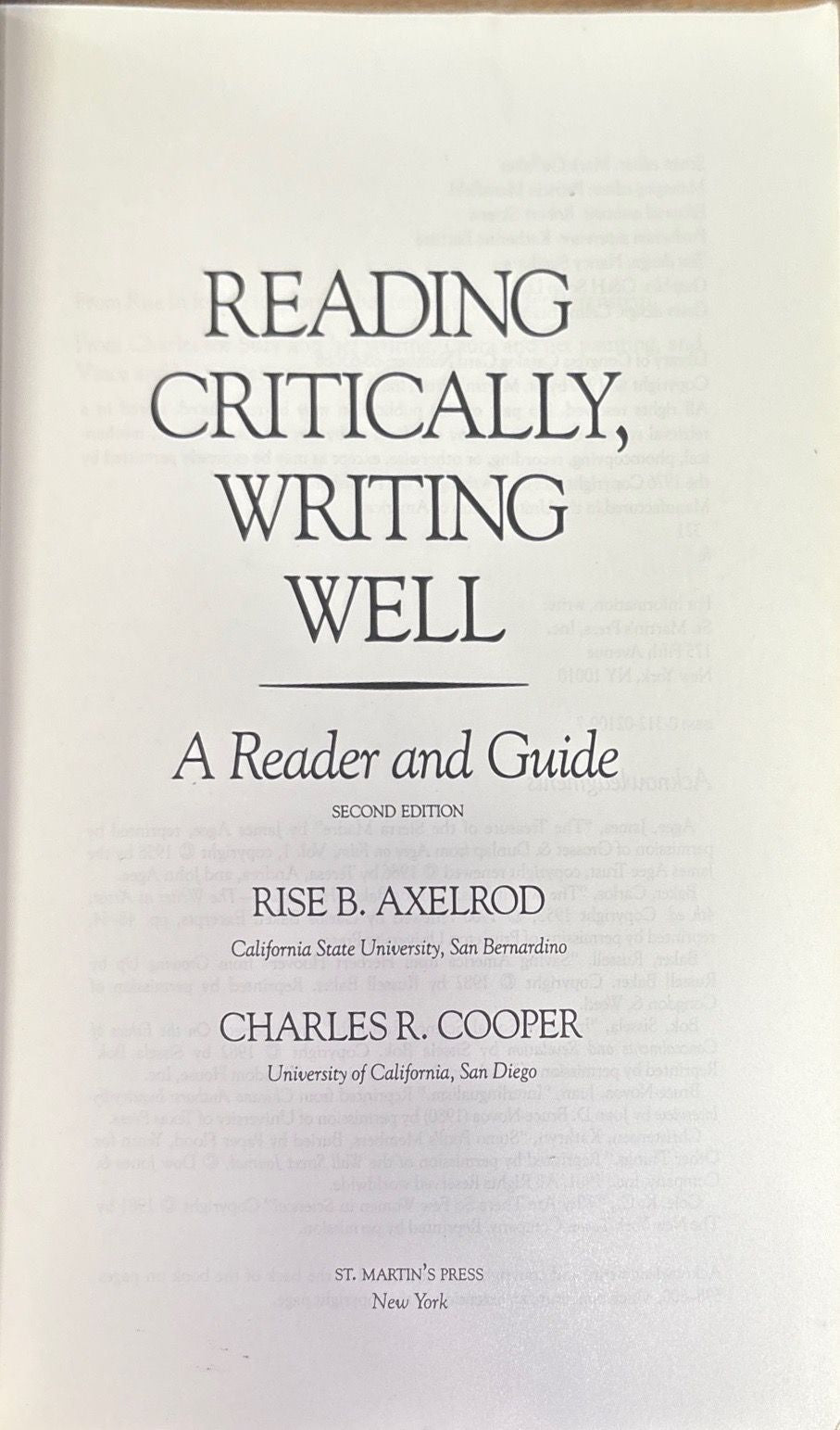 Reading critically, writing well: A reader and guide