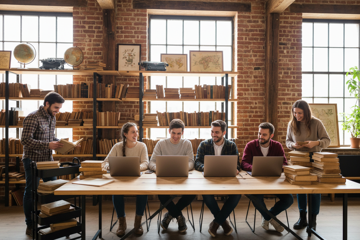 Млади хора работят с антикварни книги