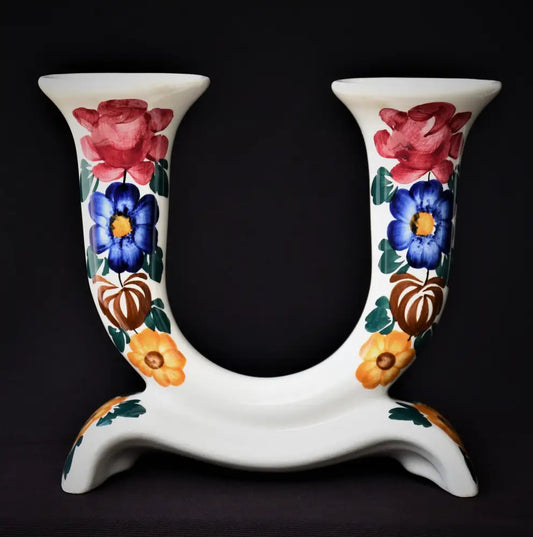 Двоен винтидж свещник - ръчно рисуван - antique
