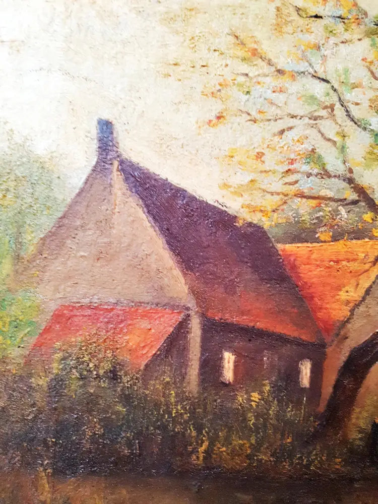 Есенен пейзаж с къщи и езеро- масло от неизвестен автор (1118) - Картина