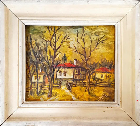 Есенен пейзаж със стари къщи, масло от неизвестен автор (1072) - Картина