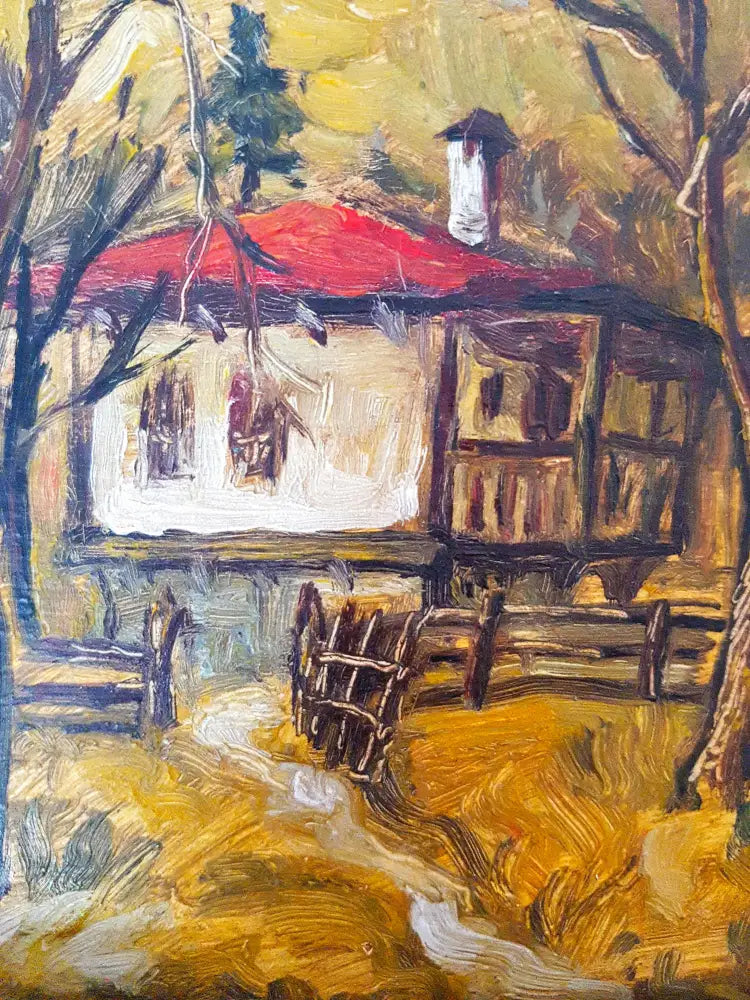 Есенен пейзаж със стари къщи, масло от неизвестен автор (1072) - Картина