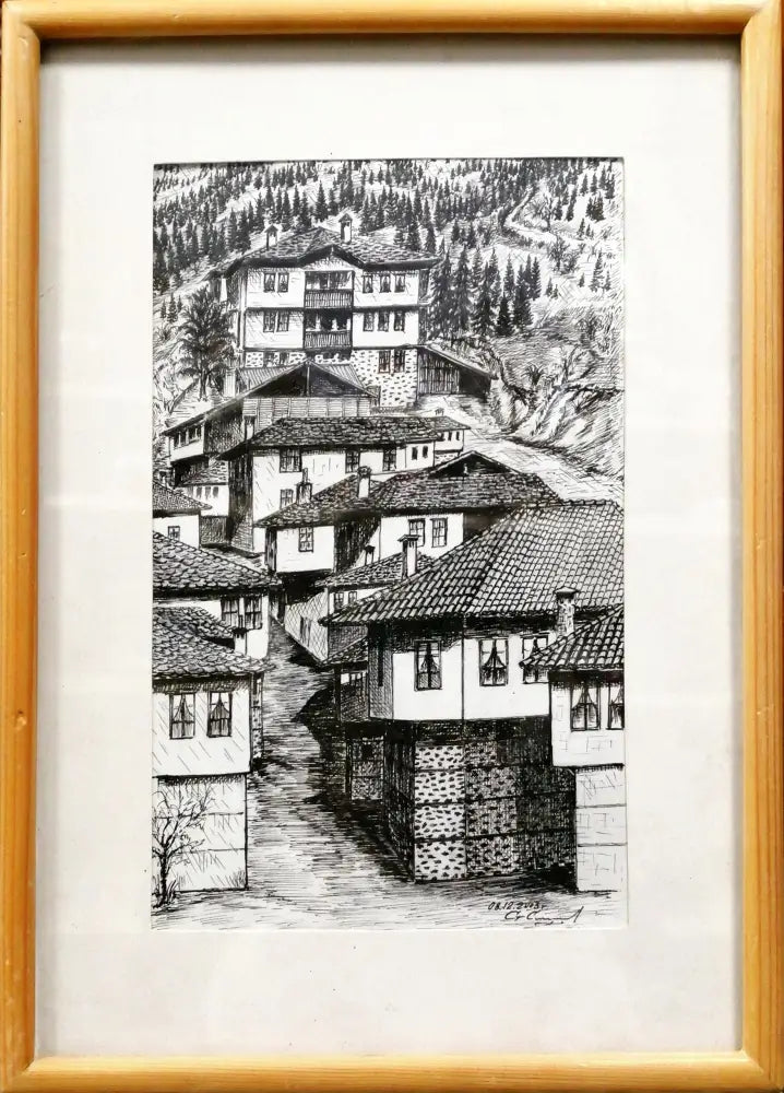 Картина върху картон с рамка графика ’ Широка лъка’ 2003г - antique