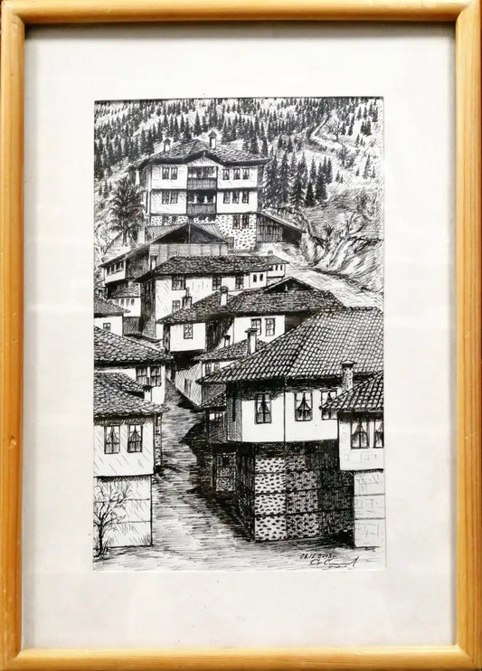 Картина върху картон с рамка графика ’ Широка лъка’ 2003г - antique