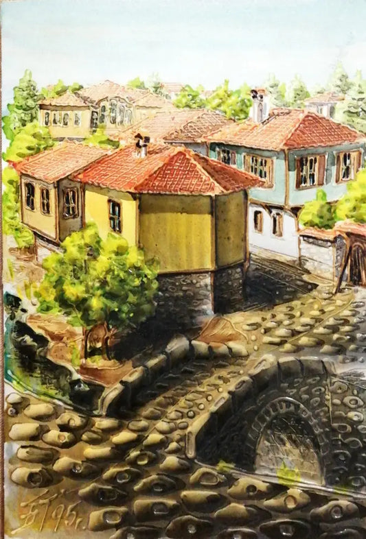 Картина върху картон смесена техника Копривщица - Б. Михайлов - antique