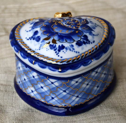 Кутия за бижута с форма на сърце от Гжел Русия - antique