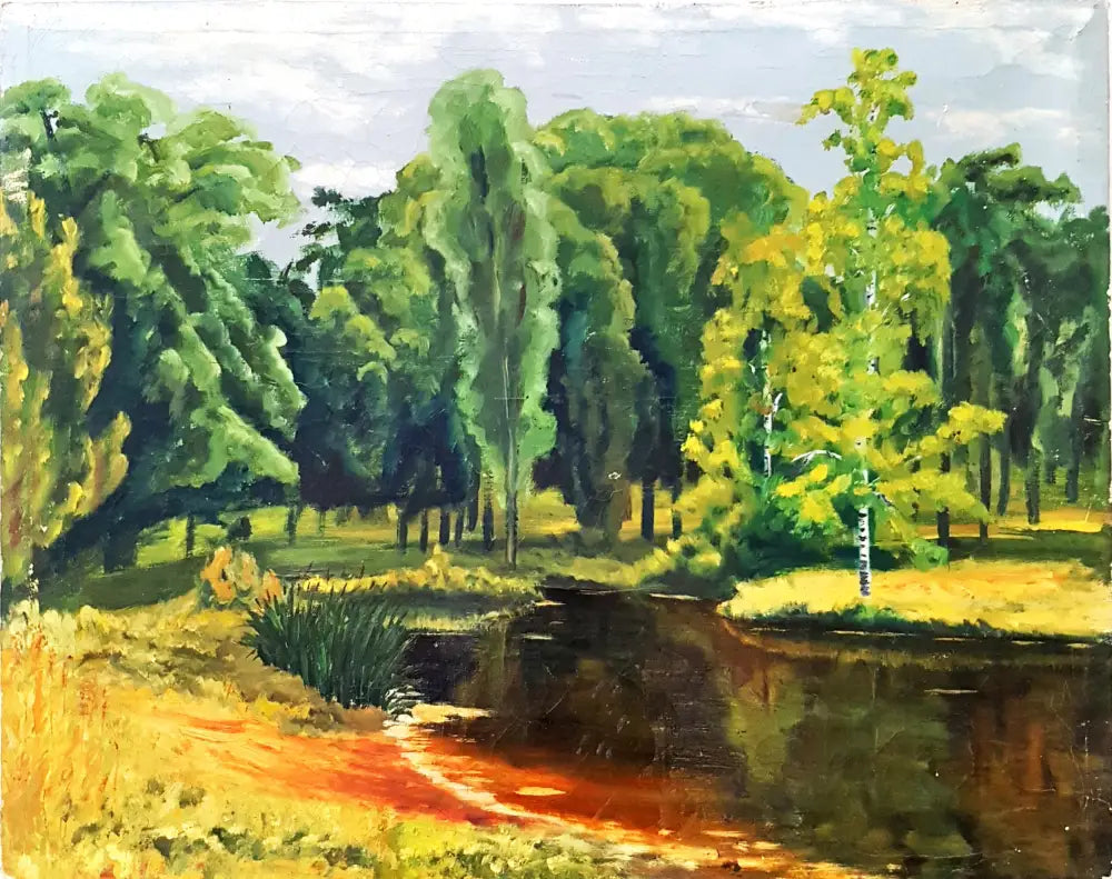 Летен пейзаж с река и брези- масло от неизвестен автор (1172) - Картина
