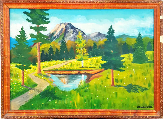 Летен планински пейзаж с езеро- масло от С. Бойчев- 1980 година (1112) - Картина