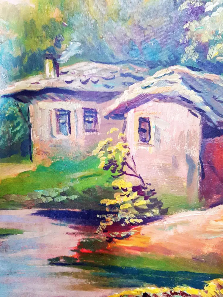 Пасторален пейзаж с къщи, масло от неизвестен автор (1184) - Картина