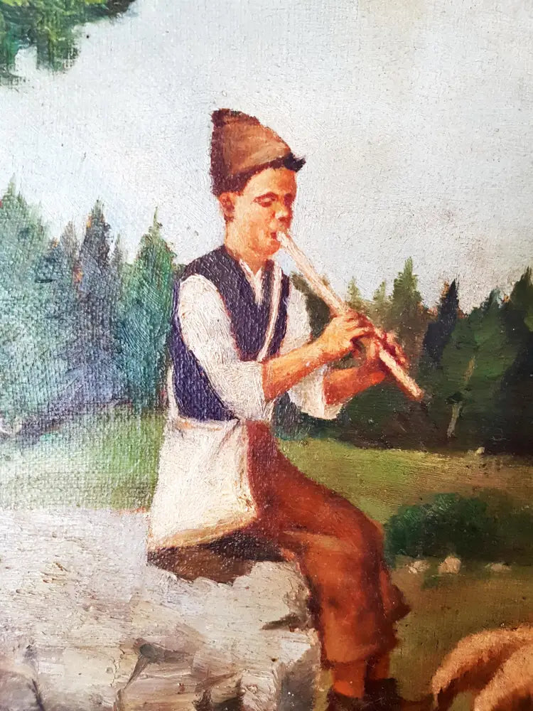 Пасторален пейзаж с овчарче- масло от Белчева (1167) - Картина