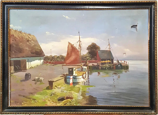 Пейзаж пристан с лодки- масло от Th. Ftiig (1211) - Картина