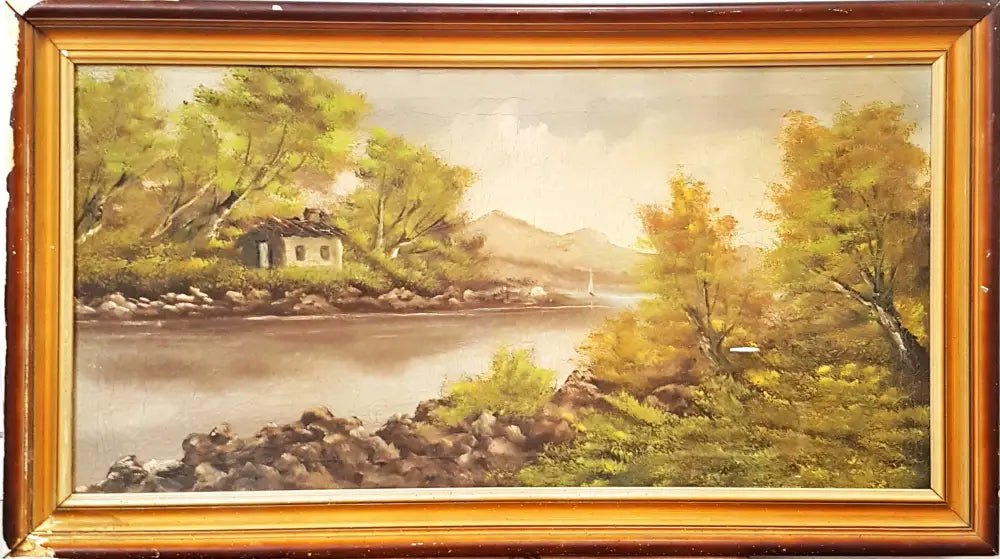 Пейзаж с езеро и лодка- масло от неизвестен автор (1216) - Картина