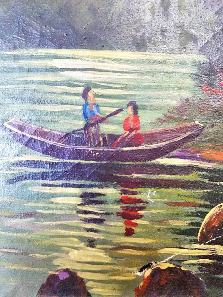 Романтичен вечерен пейзаж с влюбени в лодка- масло (1223) - Картина
