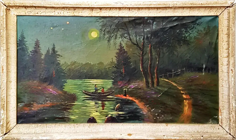 Романтичен вечерен пейзаж с влюбени в лодка- масло (1223) - Картина