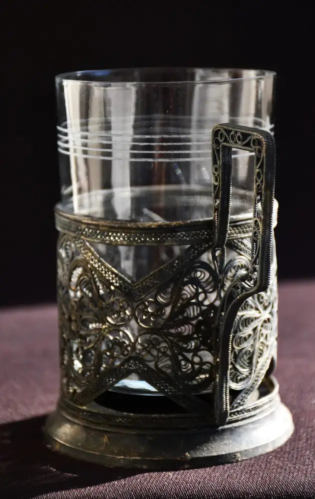 Съветски посребрен филигранен подстаканник с оригинална чаша - antique