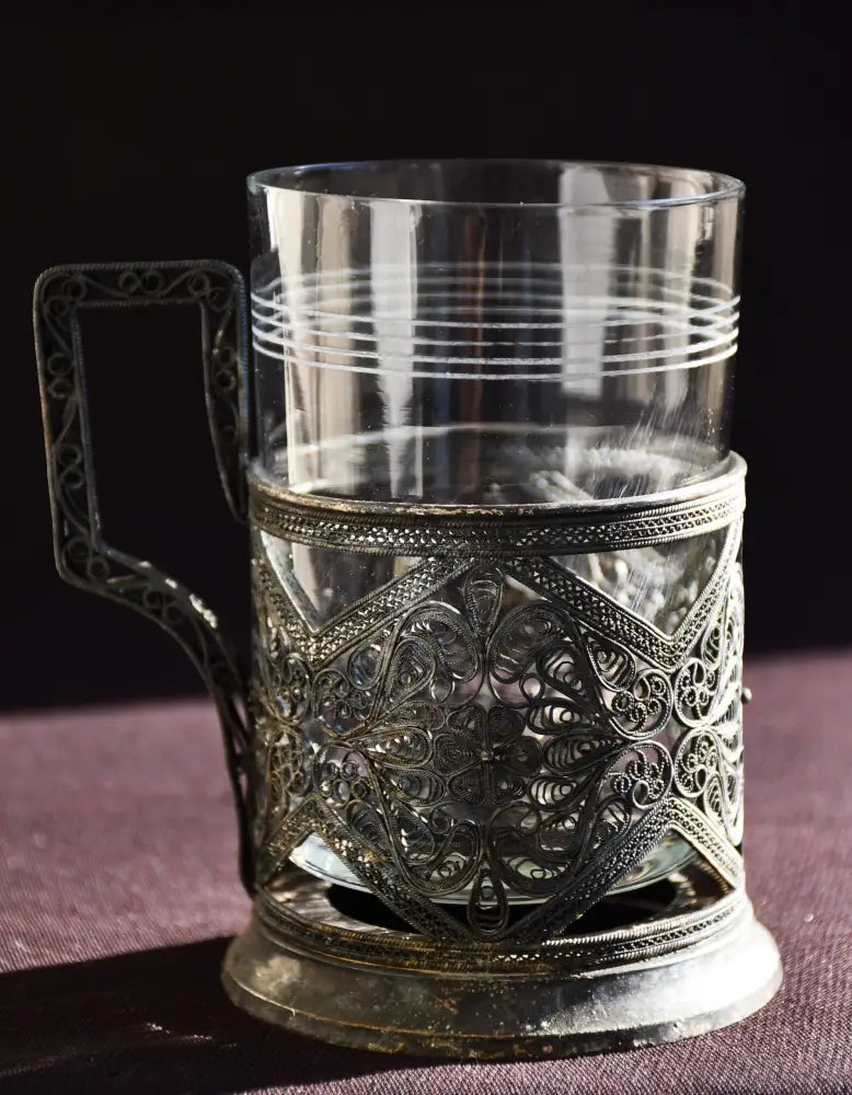 Съветски посребрен филигранен подстаканник с оригинална чаша - antique