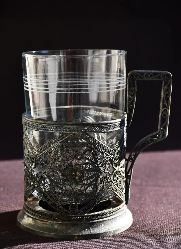 Съветски посребрен филигранен подстаканник с оригинална чаша - antique