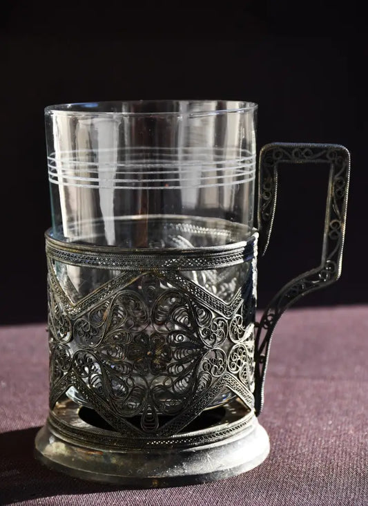 Съветски посребрен филигранен подстаканник с оригинална чаша - antique