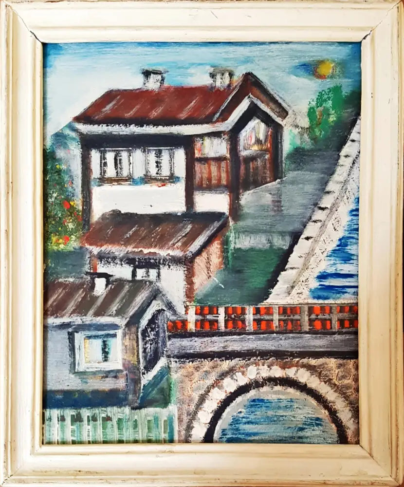 Селски пейзаж с мост- масло- 1990 година (1232) - Картина