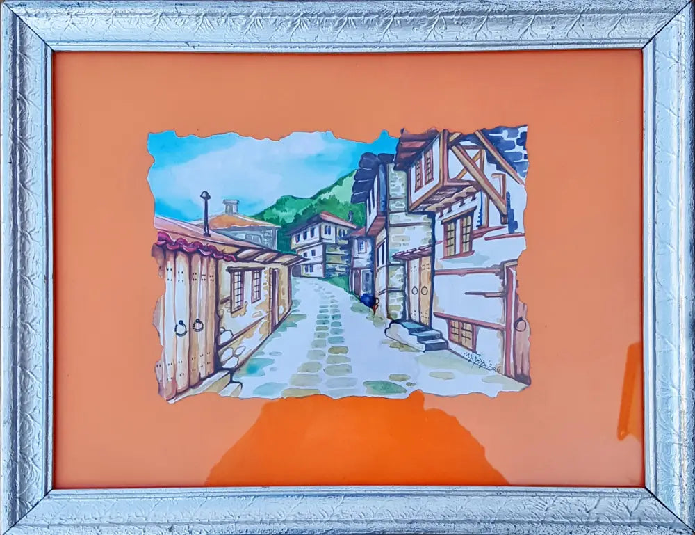 Стари къщи оранжево паспарту - Картина