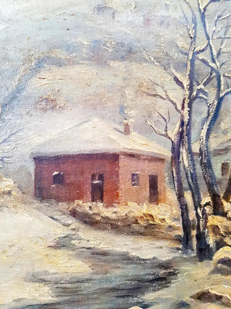 Зимен пейзаж с къща и птици, масло от неизвестен автор (1076) - Картина